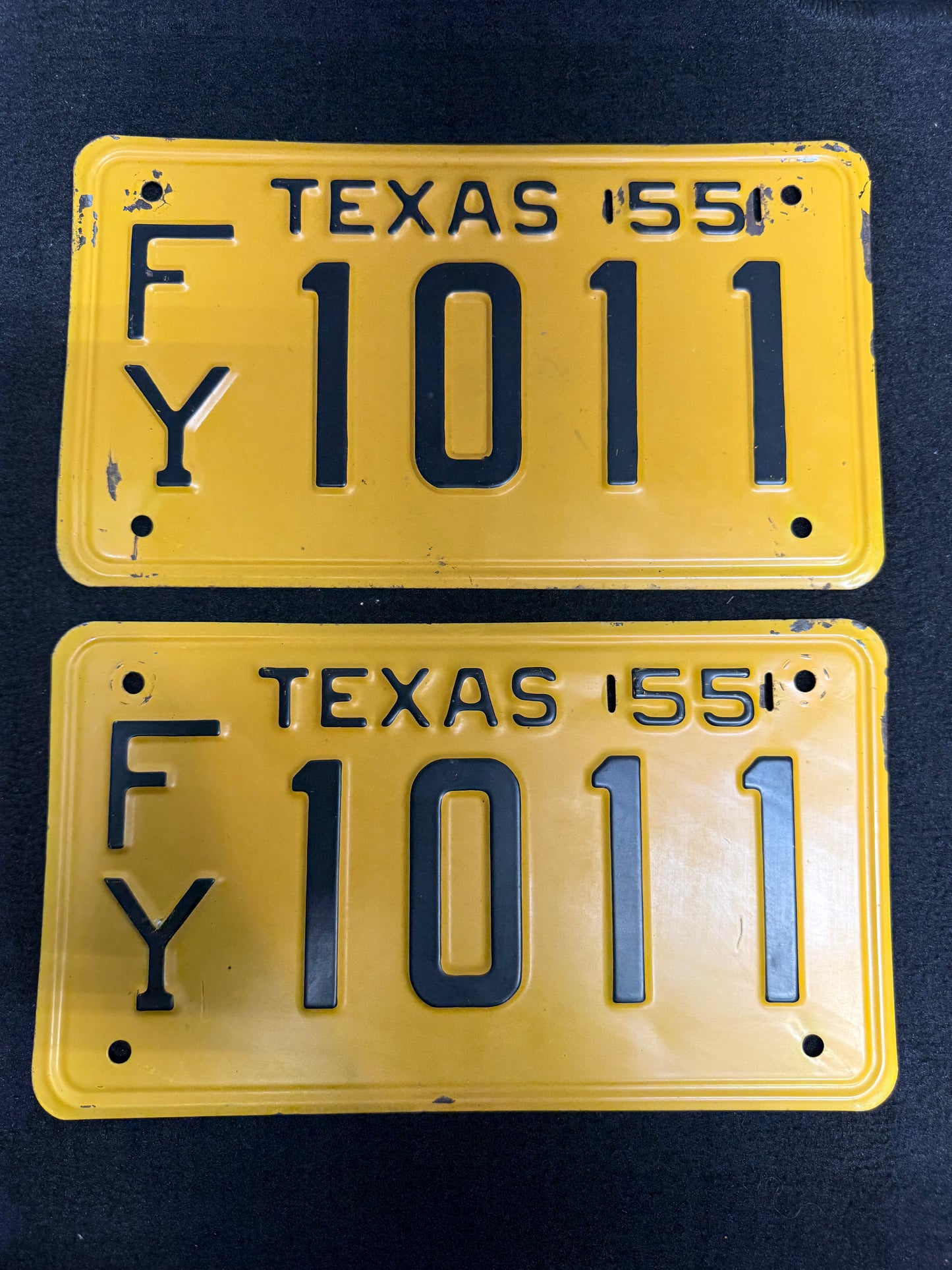 1955 Texas License Plate Pair – Original TX Plates – YOM Eligible – FY 1011 – Matching Set – Black Yellow