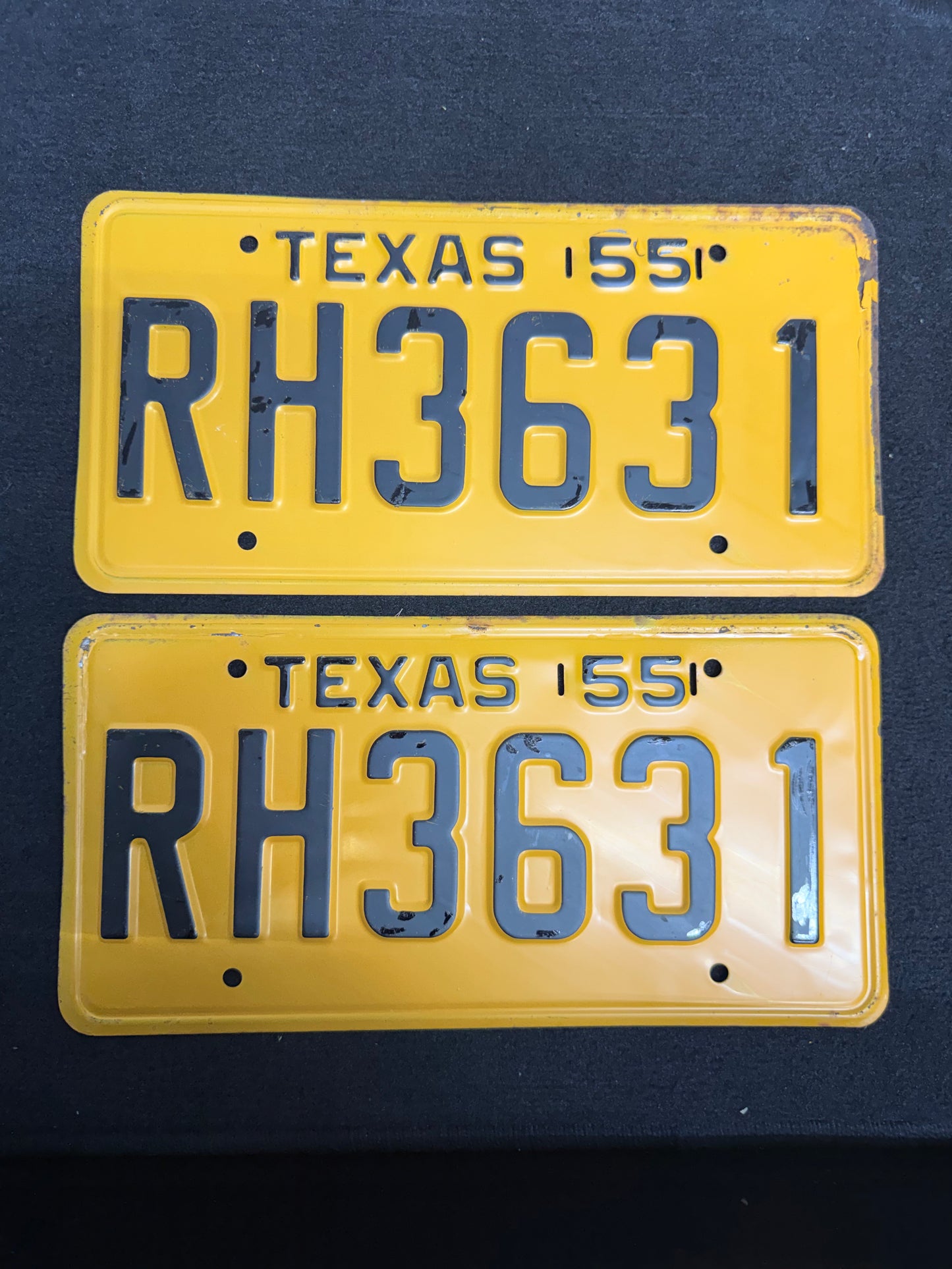 1955 Texas License Plate Pair – Original TX Plates – YOM Eligible – RH 3631 – Matching Set – Black Yellow