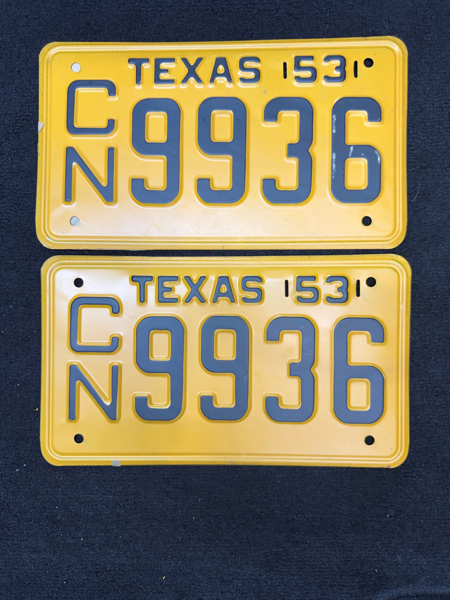 1953 Texas License Plate Pair – Original TX Plates – YOM Eligible – CN 9936 – Matching Set – Yellow Black