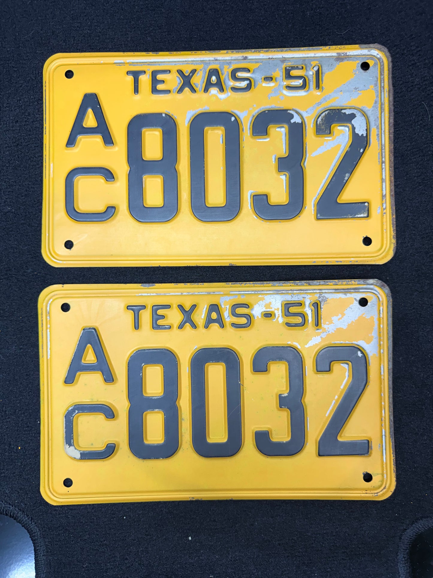 1951 Texas License Plate Pair – Original TX Plates – YOM Eligible – AC 8032 – Matching Set – Yellow Black