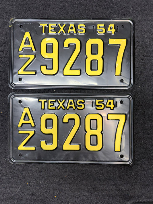 1954 Texas License Plate Pair – Original TX Plates – YOM Eligible – AZ 9287 – Matching Set – Black Yellow