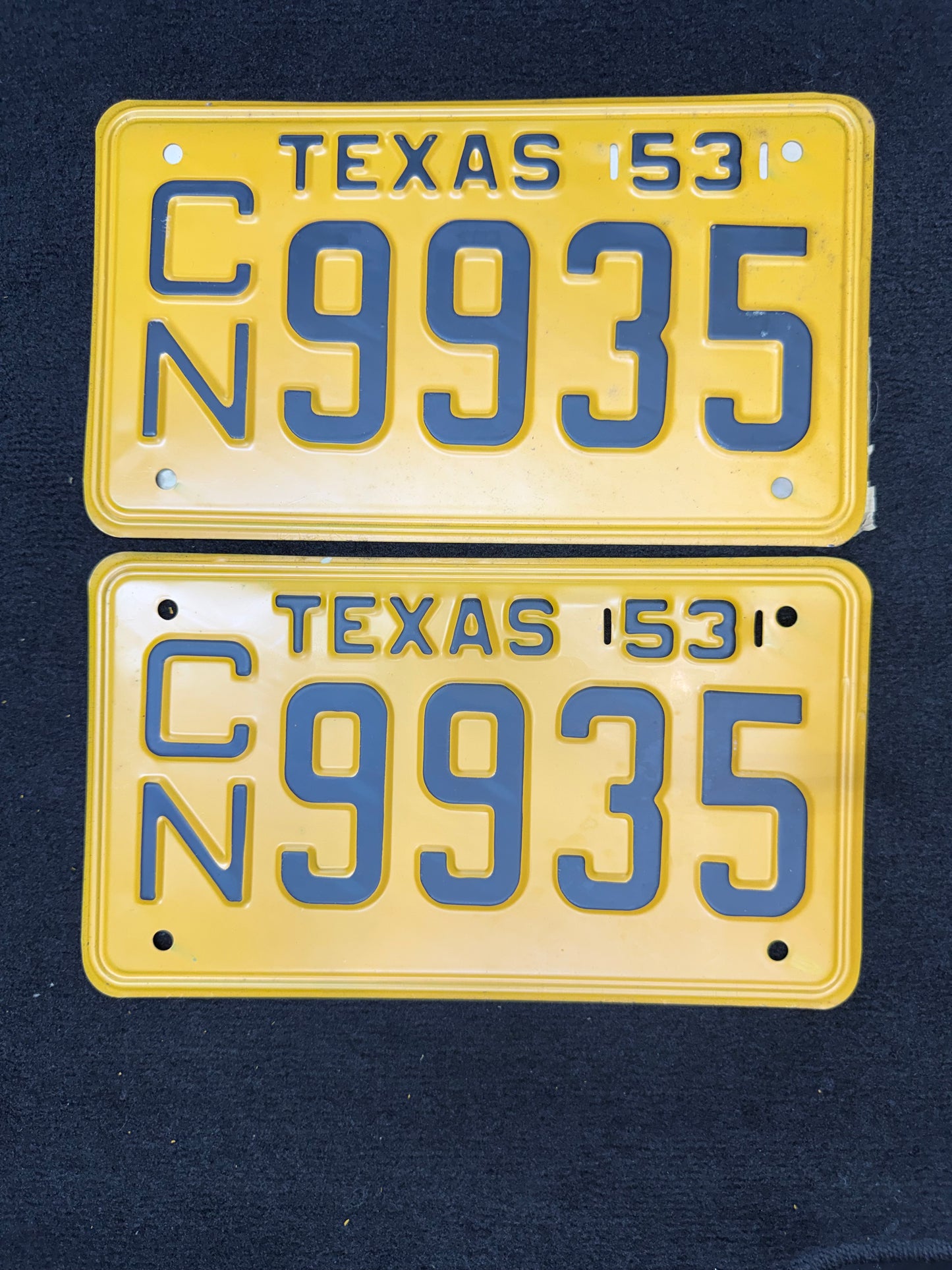 1953 Texas License Plate Pair – Original TX Plates – YOM Eligible – CN 9935 – Matching Set – Yellow Black