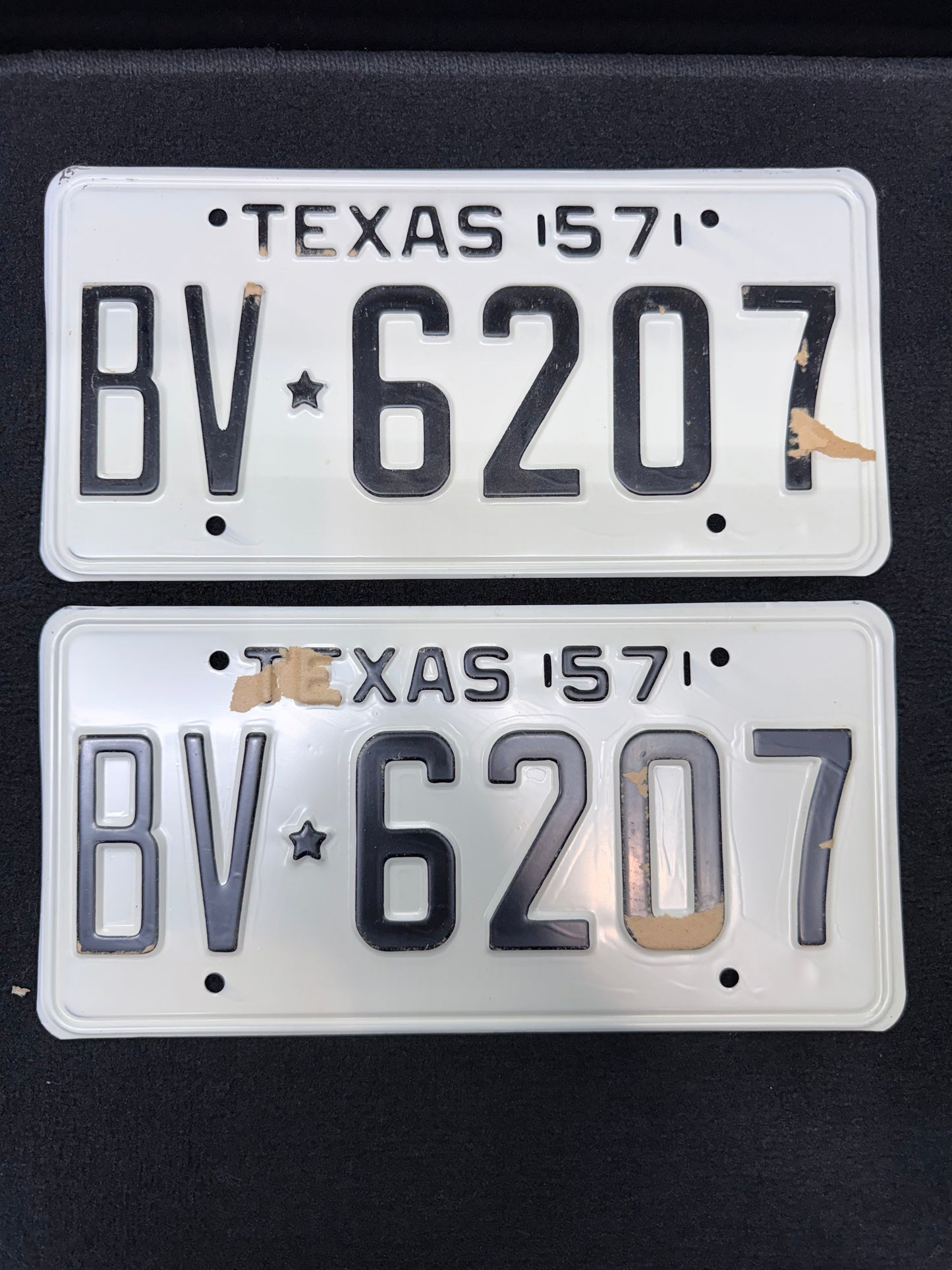 1957 Texas License Plate Pair – Original TX Plates – YOM Eligible – BV 6207 – White Black – Matching Set