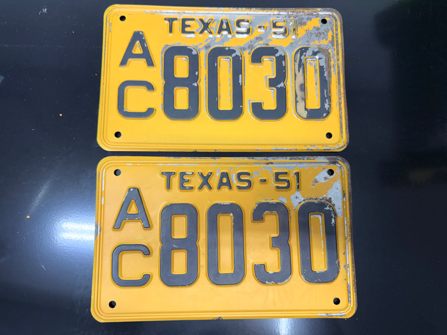 1951 Texas License Plate Pair – Original Vintage TX Plates – YOM Eligible – A C8030 – Yellow Black – DMV Clear
