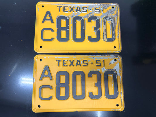 1951 Texas License Plate Pair – Original Vintage TX Plates – YOM Eligible – A C8030 – Yellow Black – DMV Clear