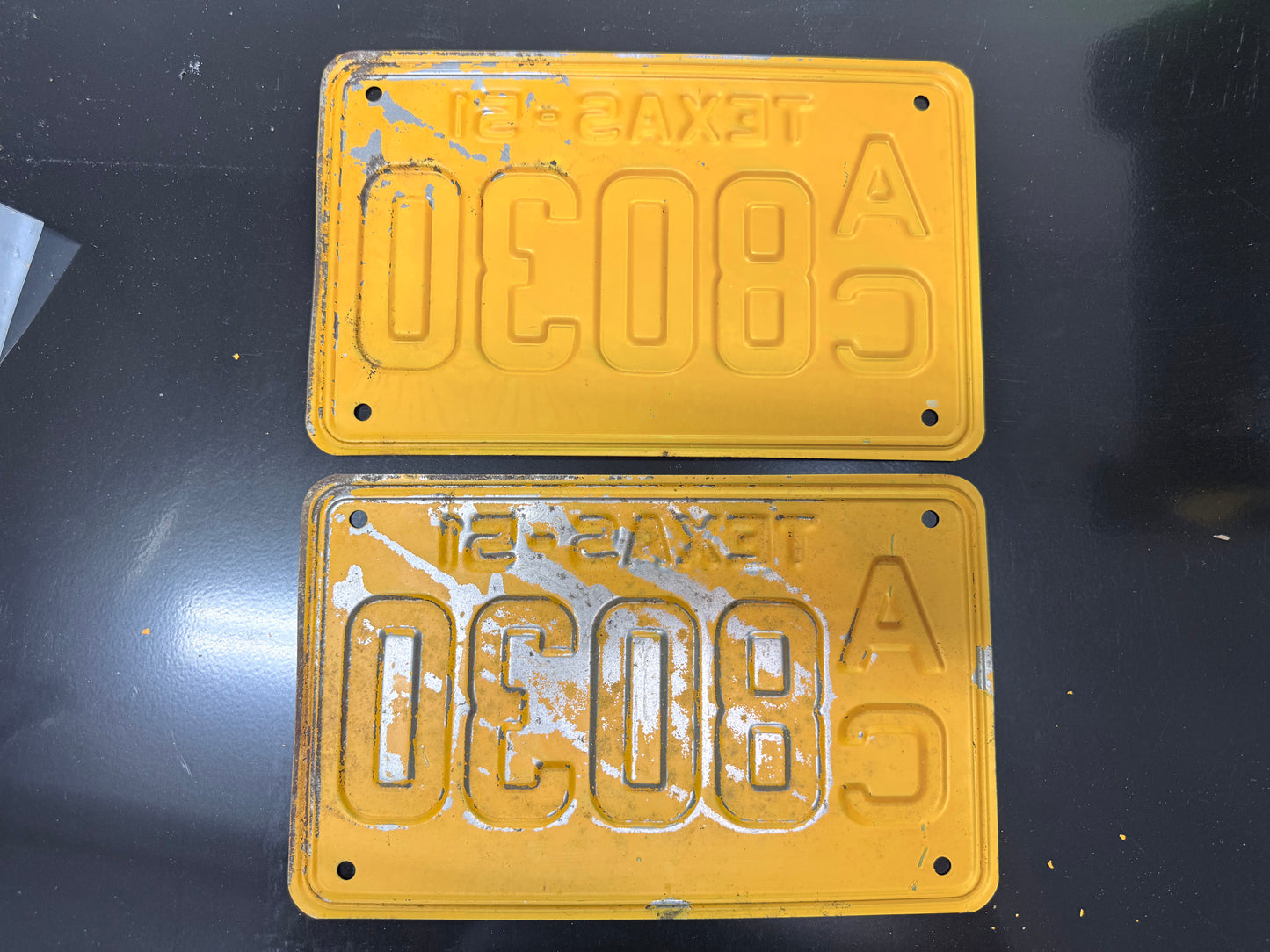 1951 Texas License Plate Pair – Original Vintage TX Plates – YOM Eligible – A C8030 – Yellow Black – DMV Clear