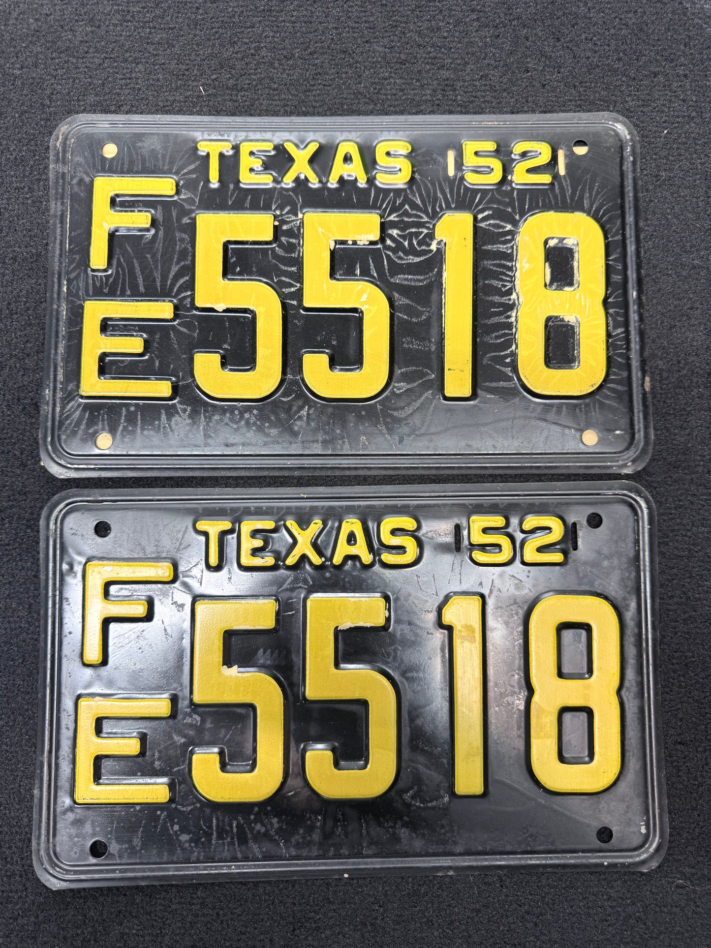 1952 Texas License Plate Pair – Original Vintage TX Plates – YOM Eligible – F E5518 – Black Yellow – DMV Clear