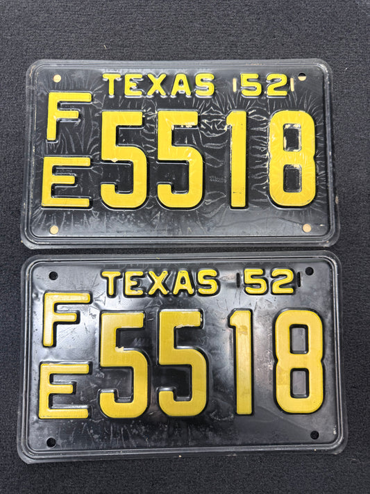 1952 Texas License Plate Pair – Original Vintage TX Plates – YOM Eligible – F E5518 – Black Yellow – DMV Clear