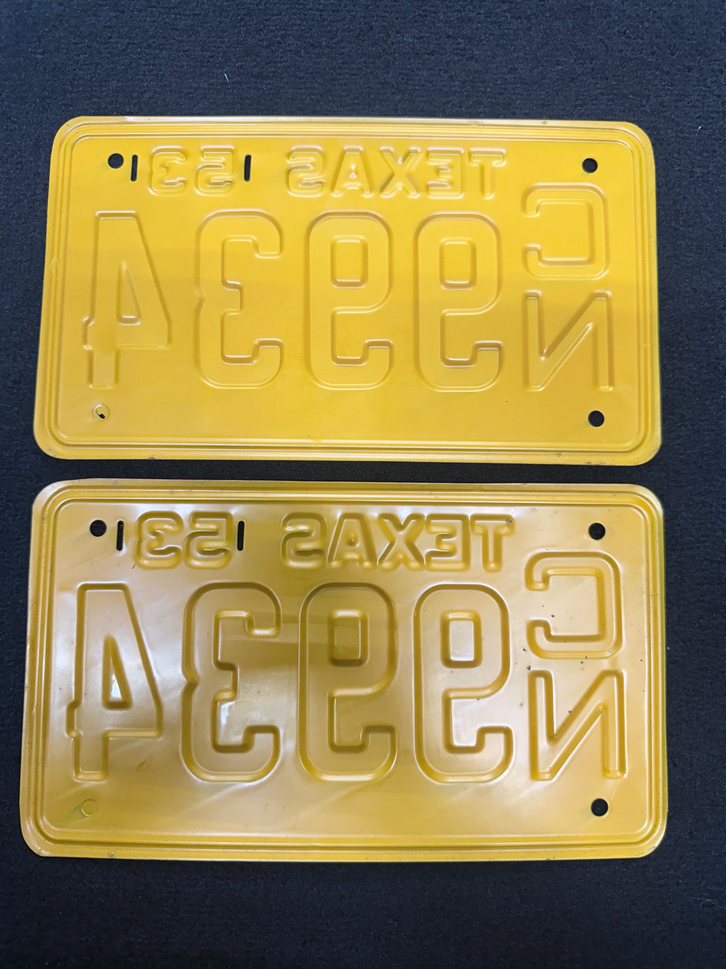 1953 Texas License Plate Pair – Original Vintage TX Plates – YOM Eligible – CN 9934 – Yellow Black – DMV Clear