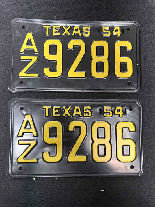 1954 Texas License Plate Pair – Original Vintage TX Plates – YOM Eligible – AZ 9286 – Black Yellow – DMV Clear