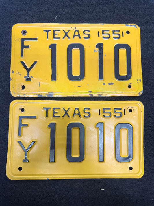 1955 Texas License Plate Pair – Original TX Plates – YOM Eligible – FY 1010 – Matching Set – DMV Clear