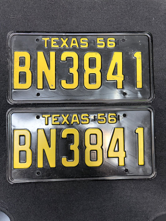 1956 Texas License Plate Pair – Original TX Plates – YOM Eligible – BN 3841 – Matching Set – DMV Clear