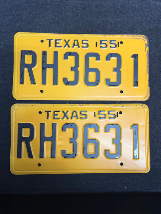 1955 Texas License Plate Pair – Original TX Plates – YOM Eligible – RH 3631 – Matching Set – Black Yellow
